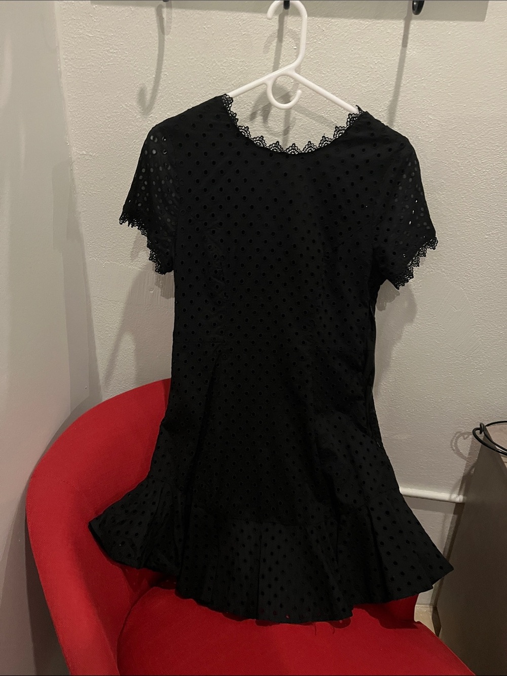 Black Swiss Dot Lace Trim Fit-and-Flare Dress